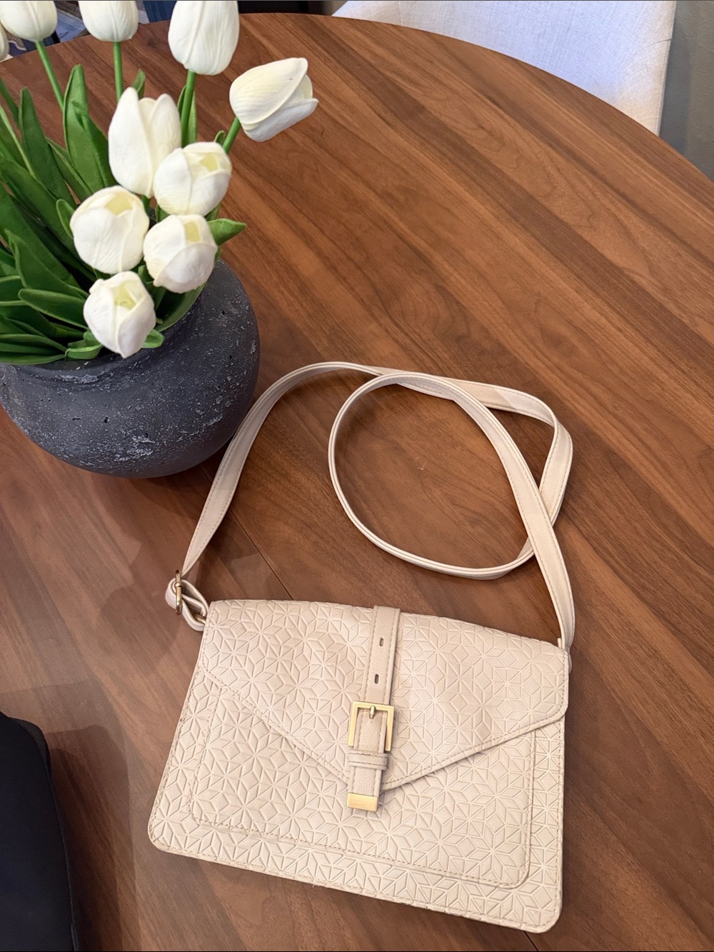 Textured Cream Crossbody Bag with Gold Buckle